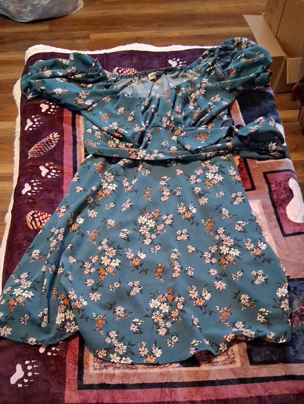 Inspired Hearts Teal Floral Dress with Puff Sleeves